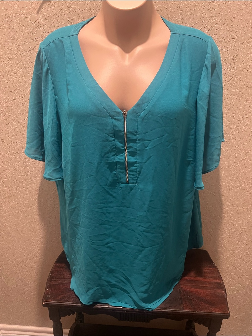 Avenue Teal V-Neck Zip Detail Blouse